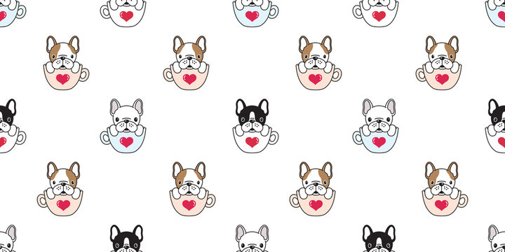 Dog seamless pattern french bulldog pug isolated cup heart valentine wallpaper background