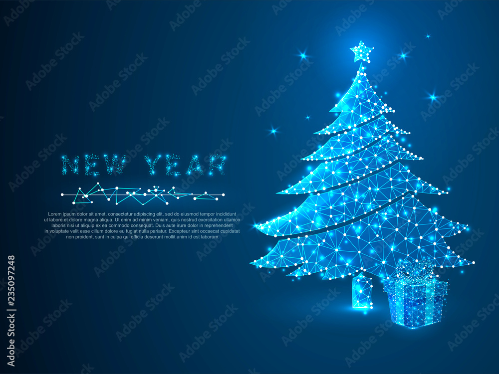 Wall mural New year tree and gift box made from lines, triangles, point connecting network on blue background. Holiday wireframe concept. Low-poly Vector polygonal illustration