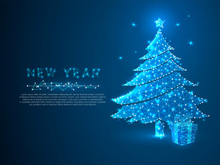 New year tree and gift box made from lines, triangles, point connecting network on blue background. Holiday wireframe concept. Low-poly Vector polygonal illustration