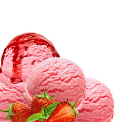 Strawberry Ice Cream Scoop with sauce, syrup or sorbet side view Isolated On White Background