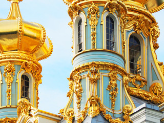 Fragment close-up of golden domes of the Church in the Catherine Palace in the town of Pushkin....
