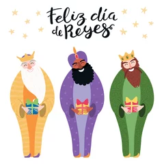 Poster Hand drawn vector illustration of three kings with gifts, Spanish quote Feliz Dia de Reyes, Happy Kings Day. Isolated objects on white. Flat style design. Concept, element for Epiphany card, banner. © Maria Skrigan