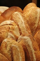 Fresh loaves of brown bread on display at a bakery in the morning. Bread is a staple food prepared from a dough of flour and water by baking. Tasty crusts with flour rests, important for many cultures