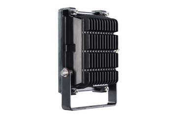 black searchlight with a powerful LED lamp, for outdoor lighting, energy saving, rear view, white background, isolate