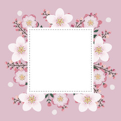 Floral greeting card and invitation template for wedding or birthday anniversary, Vector square shape of text box label and frame, Pink sakura flowers wreath ivy style with branch and leaves.