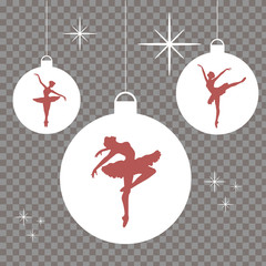 White christmas balls with red ballerinas silhouettes. Beautiful decorative elements for banners, website, cards and other design priject. Vector EPS10