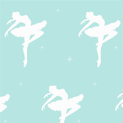 Seamless pattern of Dancing ballerinas silhoette in light-blue and white collors