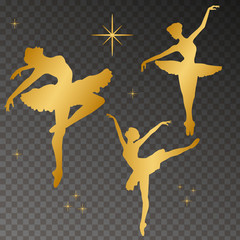 Gold silhoette of dancind balerinas and twinkle lights. Vector, Eps 10