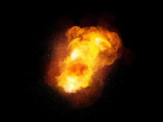 Fiery bomb explosion, orange color with sparks and smoke isolated on black background
