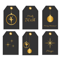 Collection of six cute redy-to-use gift tags. Set of 6 printable labels inblack and gold colors with dansing balerina silhouette, christmas ball . Perfect for Christmas presents. Vector badge design. © flammynga