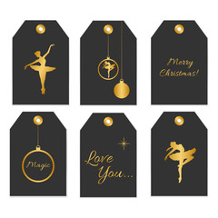Collection of six cute redy-to-use gift tags. Set of 6 printable labels inblack and gold colors with dansing balerina silhouette, christmas ball . Perfect for Christmas presents. Vector badge design. © flammynga