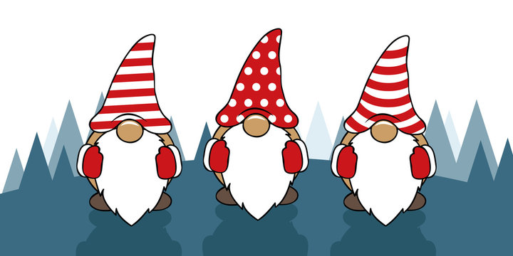three cute christmas gnomes with funny caps cartoon vector illustration EPS10