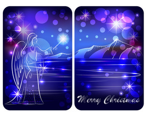 Angel lights a Christmas star, a New Year card with a Christmas star lighting the star