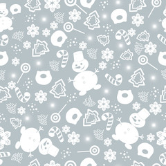 Merry Christmas and Happy New Year. Christmas seamless pattern with new year tree, snowflakes, sweets, snowman. Winter holiday backgrounds for design. Vector illustration