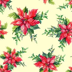 Fotobehang Tropische Bladeren Watercolor poinsettia, green twig on a light yellow background. Christmas star  © lyubovyaya