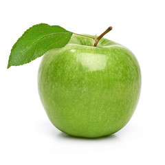 Whole green apple with leaf on white background including clipping path