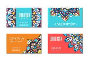Indian style horizontal card set with bright mandala. Front and back pages. Ethnic ornamental blank. Oriental concept. Eastern collection. EPS 10 vector. Clipping masks.