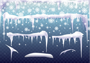 Snow icicles isolated on transparent background. Vector template for your design. - obrazy, fototapety, plakaty