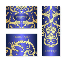 French baroque style elegant ornate visiting cards. Luxurious fashionable ornamental flyer design. Vintage fancy ornament decoration. Pathetic retro embellishment. EPS 10 vector brochure template