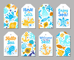 Paper cutout marine kids design element tags. Funny cartoon turtle, fish, octopus, shell, calmar, starfish, jellyfish doodle vector illustration. Lettering phrase I love, Enjoy, Hello, Welcome to sea