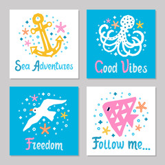 Cutout marine style sea animal kids design element paper flyer card set. Lettering titles. Vector funny cartoon fish, octopus, gull, anchor doodle background. Child ocean graphic posters