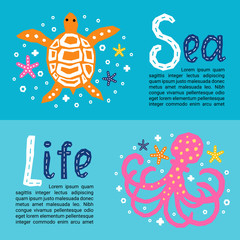 Cutout marine style kids design element paper flyers. Lettering titles Sea, Life. Vector EPS 10 funny cartoon doodle background of turtle, octopus, starfish © shevalierart