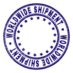 WORLDWIDE SHIPMENT stamp seal watermark with grunge texture. Designed with round shapes and stars. Blue vector rubber print of WORLDWIDE SHIPMENT label with retro texture.