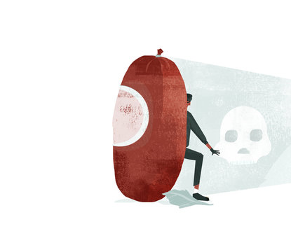 Man hiding behind sausage with skull referring to food poisoning