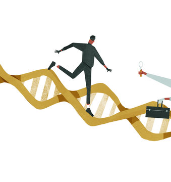 Man running on DNA strand while doctor is researching it with magnifying glass