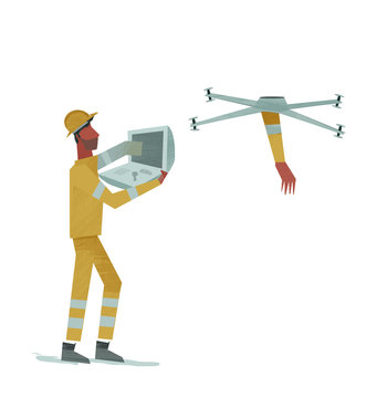 Man holding drone and operating it from a distance