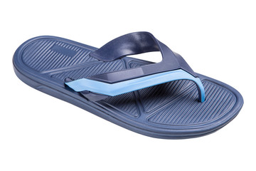 one blue rubber slipper for a beach or shower, side view, on a white background, isolate