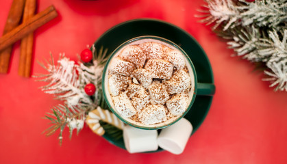 cup of hot cocoa with marshmallow, cookies, fir-tree on wooden background