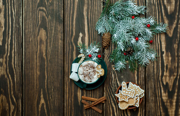 cup of hot cocoa with marshmallow, cookies, fir-tree on wooden background