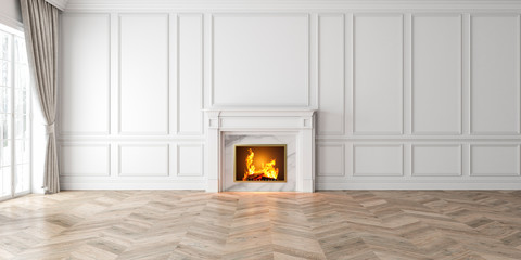 Classic empty white interior with fireplace, curtain, window, wall panels, 3D render, illustration, mockup, wide picture.