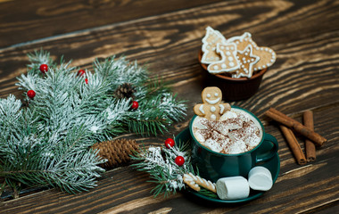 cup of hot cocoa with marshmallow, cookies, fir-tree on wooden background