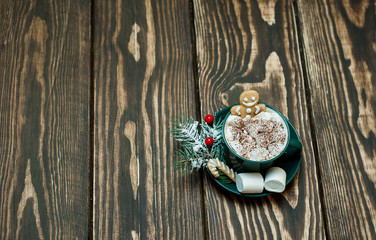 Obraz na płótnie Canvas cup of hot cocoa with marshmallow, cookies, fir-tree on wooden background