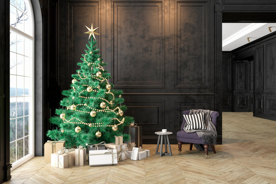 Black interior with christmas tree, armchair, gifts, pillow, wall panels. 3D render illustration mock up.