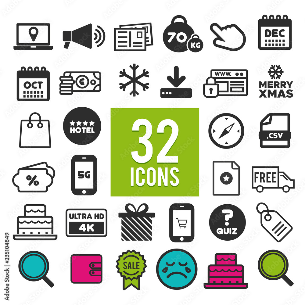 Poster collection of flat icons for web and mobile app on white background.