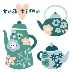 Tea time. Floral kettles with flowers and Leaves. Cute modern herbal Tea set. Collage style vector collection of hand drawn doodle illustration.