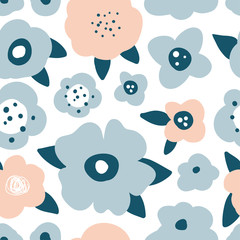 Flower simple minimalistic seamless pattern. Graphic design for paper, textile print, page fill. Abstract floral background with hand drawn modern plants, flowers and leaves. Pink, blue