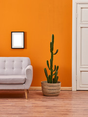 Orange living room, grey sofa wicker cactus and frame.