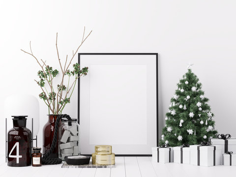 Poster Mockup with Christmas Winter and Boxing Day Decoration
