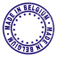 MADE IN BELGIUM stamp seal imprint with grunge texture. Designed with round shapes and stars. Blue vector rubber print of MADE IN BELGIUM label with grunge texture.