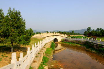 traditional Chinese style stone bridge landscape architecture, Eastern Tombs of the Qing Dynasty, China..