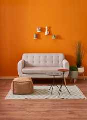 Modern orange room with furniture style grey sofa coffee table interior.