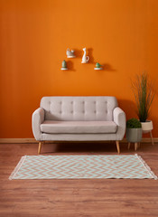Orange room background wall, grey sofa, carpet and vase of plant interior. © UnitedPhotoStudio