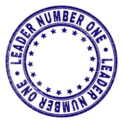 LEADER NUMBER ONE stamp seal imprint with distress texture. Designed with round shapes and stars. Blue vector rubber print of LEADER NUMBER ONE text with dirty texture.