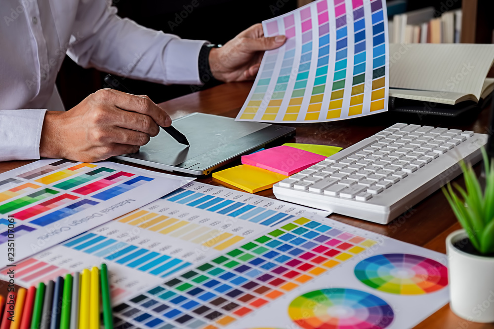 Wall mural creative web designer planning application and developing template layout, framework for mobile phon