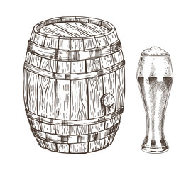 Oak Container and Glass of Frothy Ale Graphic Art
