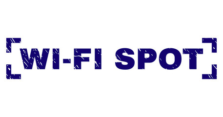 WI-FI SPOT text seal stamp with grunge effect. Text title is placed between corners. Blue vector rubber print of WI-FI SPOT with unclean texture.